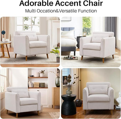 Modern Accent Chair with Wooden Legs Plush Fabric Armchair Chenille Side Single Sofa Chair for Bedroom, Office Cafe Waiting Room Apartment (Beige Armchair)