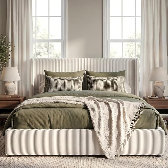 Garvee Queen Lift Up Storage Bed Frame, Corduroy Upholstered Platform Bed with Gas Lift, Padded Headboard, Wooden Slat Support, No Box Spring Needed, Easy Assembly, White