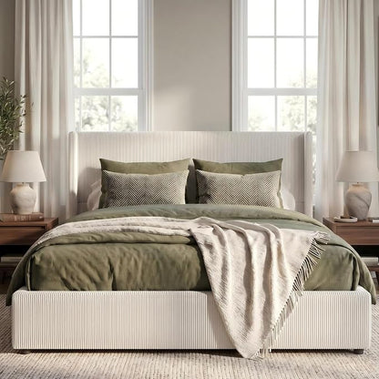 Garvee Queen Lift Up Storage Bed Frame, Corduroy Upholstered Platform Bed with Gas Lift, Padded Headboard, Wooden Slat Support, No Box Spring Needed, Easy Assembly, White
