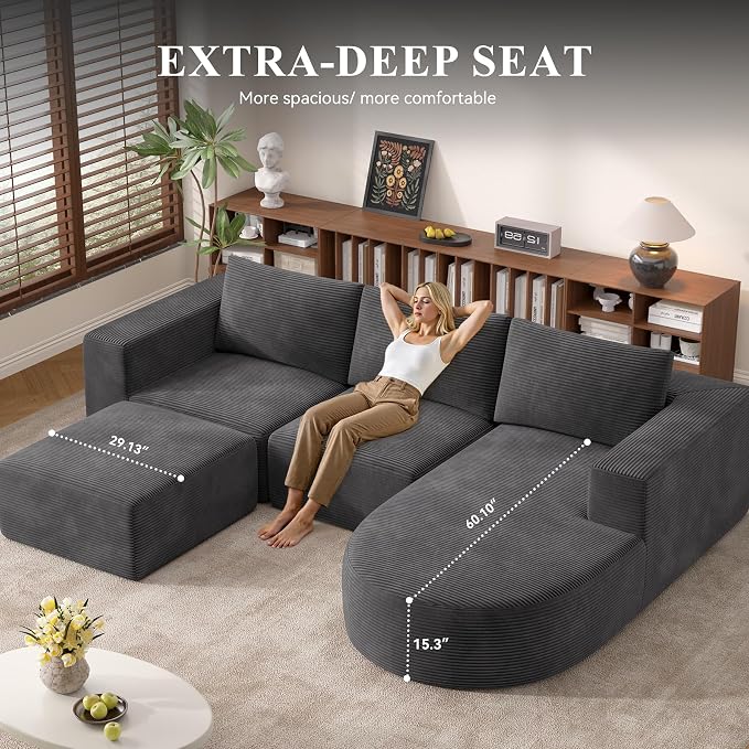 Boneless Couches for Living Room with Chaise,104" Modular Sectional Sofa with Convertible Ottoman,Cozy Cloud Couch with U-Shaped,Sponge Compression Sofas in a Box,No Assembly Required(Gray) 1pcs