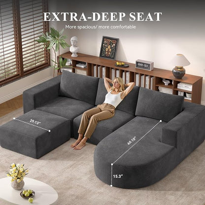 Boneless Couches for Living Room with Chaise,104" Modular Sectional Sofa with Convertible Ottoman,Cozy Cloud Couch with U-Shaped,Sponge Compression Sofas in a Box,No Assembly Required(Gray) 1pcs