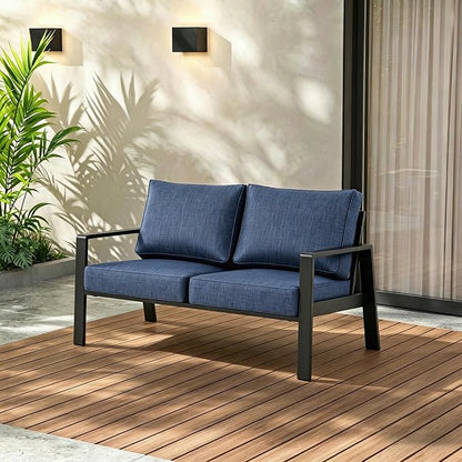 Aluminum Outdoor Loveseat, Oversized Patio Couch, Modern Sofa All Weather Metal Furniture Set with 5" Cushions (Black/Blue)
