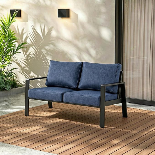 Aluminum Outdoor Loveseat, Oversized Patio Couch, Modern Sofa All Weather Metal Furniture Set with 5" Cushions (Black/Blue)