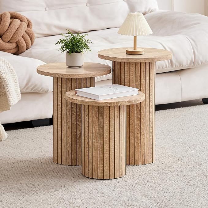 Round Side Tables Set of 3, Circle Modern Fluted Nesting Coffee Table, Accent End Table Set for Living Room and Bedroom, Natural