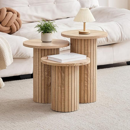 Round Side Tables Set of 3, Circle Modern Fluted Nesting Coffee Table, Accent End Table Set for Living Room and Bedroom, Natural