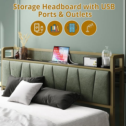LIKIMIO Queen Bed Frame, Storage Headboard with Charging Station, Solid and Stable, Noise Free, No Box Spring Needed, Easy Assembly (Dark Green)