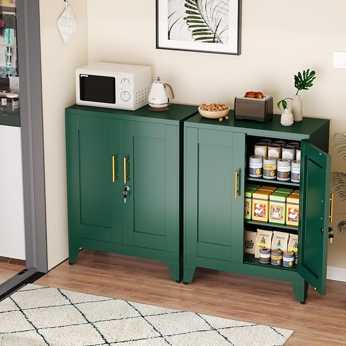 Green Metal Storage Cabinet, 36" Tall Locking Storage Cabinet, 14”D | with 2 Adjustable Shelves, Steel Locker Organizer, Metal Freestanding Buffet Cupboards Sideboard for Office, Home, School,2PS