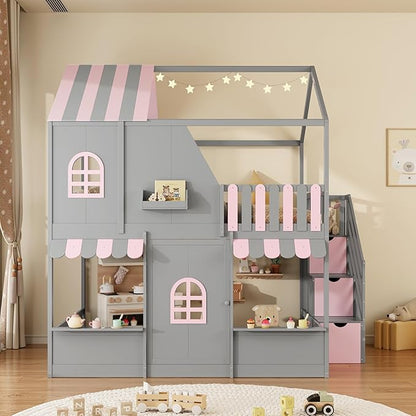 Merax Full Over Full Wood House Bunk Bed with Storage Staircase & Shelves, Floor Multifunction Bunk Bed with Full Length Gardrails for Bedroom,Playhouse Design, Roof & Door, Space Saving, Gray+Pink