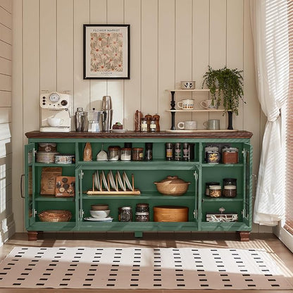 SAVOR LIFE Large Sideboard Buffet Cabinet with Storage,Vintage Green 60" Wide Coffee Bar Cabinet with Glass Doors & Wood Legs,Kitchen Credenza Accent Cabinets for Dining Room, Living Room
