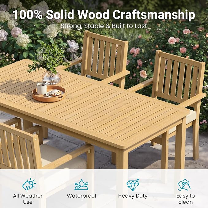 FansaFurn 5 Pieces Acacia Outdoor Patio Table and Chairs Set for All-Weather, Outside Furniture with Table Umbrella Hole and Removable Cushion for 4, Outdoor Patio Furniture Set for Garden, Beige