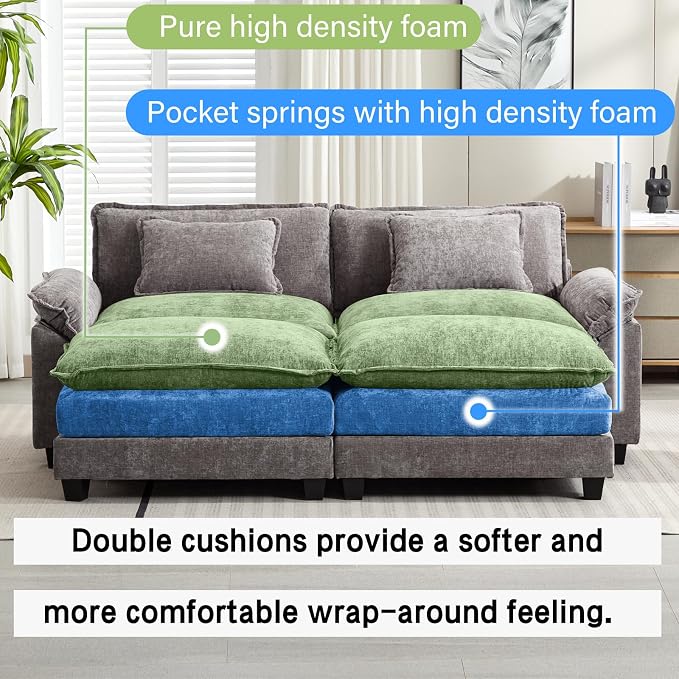 Oprisen 86" Modular Sectional Sofa, Comfy Cloud Couch Sectional Sofa with Ottomans, Chenille Sofa Sleeper Deep Seat Sofa with Throw Pillows for Living Room (Lgiht Grey)