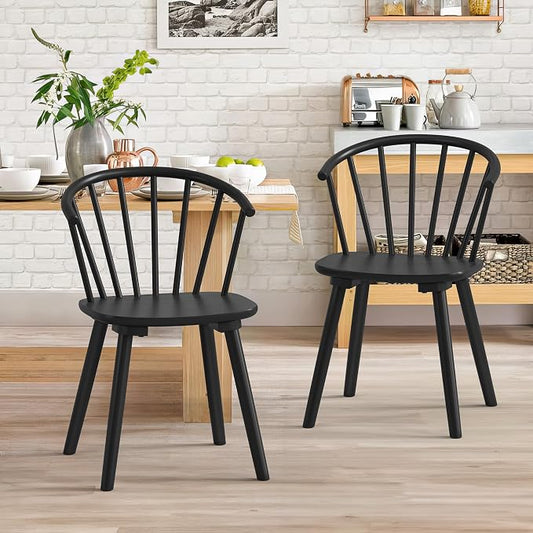LUE BONA Black Dining Chairs Set of 2, Farmhouse Wood Dining Chairs with Semicircular Backrest, Spindle Dining Chair for Kitchen and Dining Room, 18 Inch