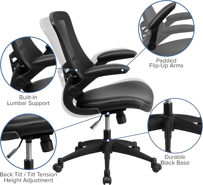 Flash Furniture Kelista Mid-Back Swivel Office Chair with Adjustable Seat Height, Ergonomic Mesh Desk Chair with LeatherSoft Seat, Black