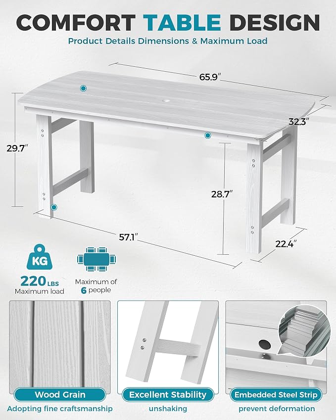 Ciokea HDPE Outdoor Dining Set, 7-Piece Patio Table and Chairs Set with Umbrella Hole, All-Weather Patio Dining Sets for 6, Durable Patio Furniture for Backyard, Garden, Lawn & Poolside, White