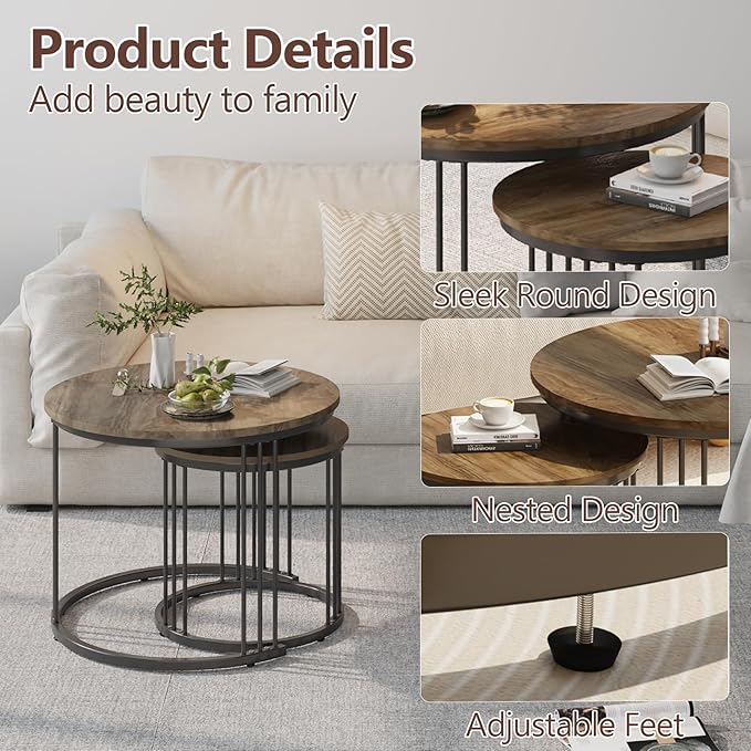 Garden 4 you Nesting Coffee Table, 23.6" Round Coffee Table Set of 2, Wooden Nesting Table with Metal Frame, Ceter Tables for Living Room Bedroom Balcony, Brown