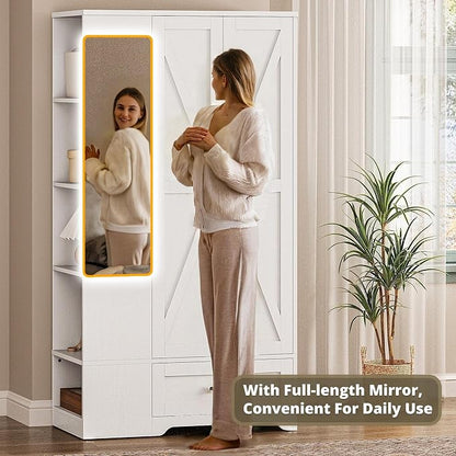 LIKIMIO 70" Tall Wardrobe Closet with Mirror, Side Shelves & Drawer, Freestanding Bedroom Armoire with Hanging Rod, X Barn Door Storage Cabinet for Bedroom, White