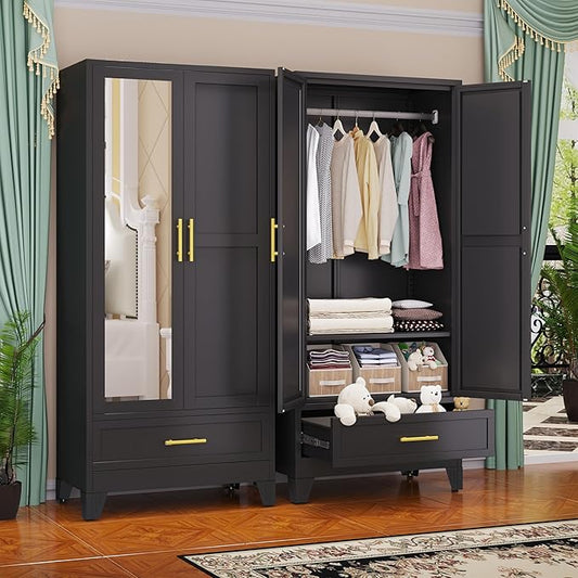 GAIOUS Steel Armoire Wardrobe Closet with Mirror Door and Drawer 71" Black | Household Wardrobe Cabinet with Hanging Rod, Metal Clothing Storage Cabinet with Adjustable Shelf for Bedroom, Cloak, Gym