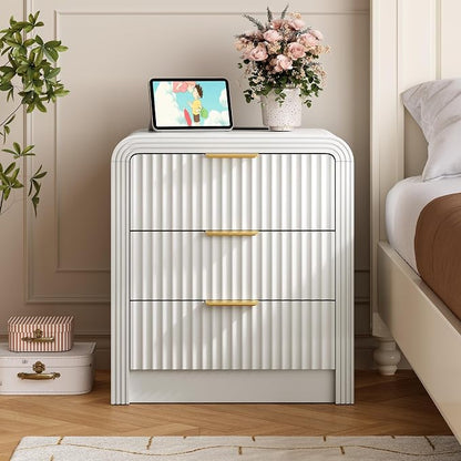 Decofy Fluted Nightstand with Charging Station, Modern Bedroom Side Table with Gold Handles, Curved Profile Design, End Table Wood Organizer for Bedroom, 19.7" & 3 Drawers (1 Pack, Pure White)