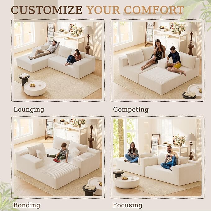 YESHOMY Boneless Couches for Living Room, 108" Sectional Modular Sectional Sofa with Deep Seat, Cloud Comfy Couch with L-Shape Chaise, Easy Assembly (Corduroy, Cream)