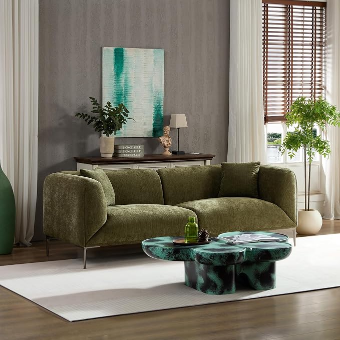 82.68" Modern Upholstered Sofa with Straight Design, Full and Soft Seating, Includes 2 Throw Pillows, 3 Seats,Fabric Couch with Metal Legs for Living Room, Office, Apartment (Green)