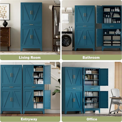 COFaR Farmhouse Storage Kitchen Pantry Cabinet with 4 Barn Door, 4 Adjustable Shelves, Drawer and Legs, for Cupboard/Dining Room/Bathroom/Living Room/Office/Laundry Room(Blue Green, 71" Metal Cabinet)