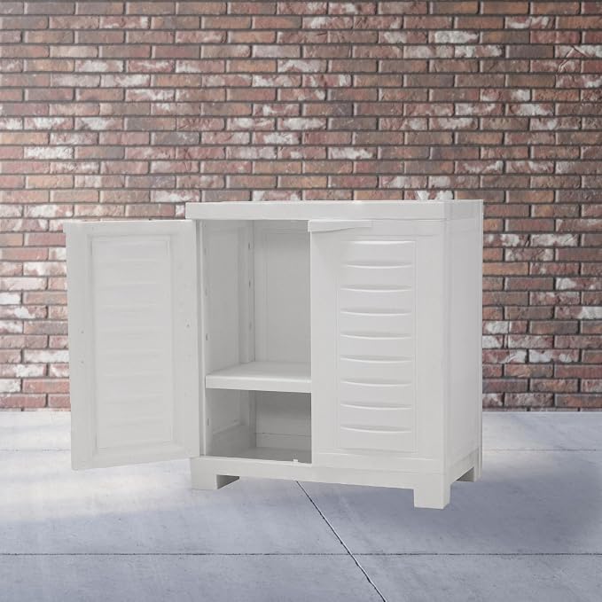 Sunnydaze 25.5" H Resin Garage Storage Cabinet - Garage Cabinet with Doors - Freestanding Utility Storage for Laundry Room, Office, Basement - Speckled White