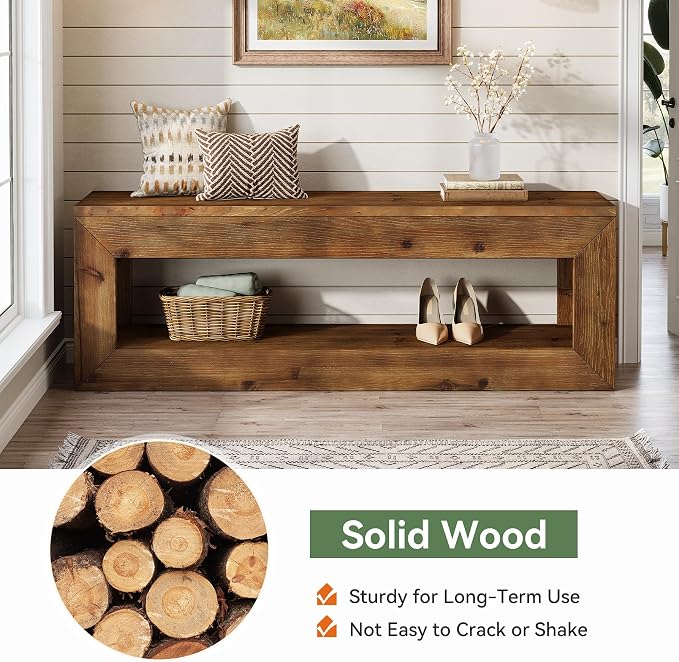 Solid Wood Entryway Bench, 47" Rustic Farmhouse Indoor Bench Seat with Storage Shelf for Entrance, Hallway, End of Bed