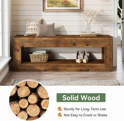 Solid Wood Entryway Bench, 47" Rustic Farmhouse Indoor Bench Seat with Storage Shelf for Entrance, Hallway, End of Bed