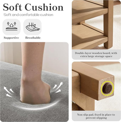 Zihanhome 2 Tier Shoe Rack Bench with Cushion, Solid Wood Shoe Benches, Mid-Century Modern Shoe Storage Bench for Entryway, Hallway, Living Room, Closet, Front Door Entrance, (Grey, 39.4")