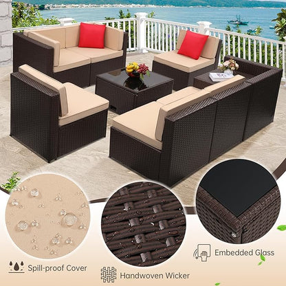 KROFEM 8-Piece Patio Furniture Set, Outdoor Wicker Rattan Sectional with Thick Cushions, Glass Top Table with Hidden Storage, Outdoor Conversation Set for Backyard, Porch, Patio, Beige