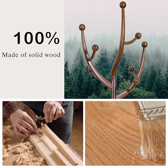 Wooden Coat Rack Freestanding, Hall Tree Hanger With Resin Hooks, Adjustable Heavy Duty Coat Rack for Hanging Clothes Bags Hats in Living Room Bedroom (coat rack, Tree Hook)