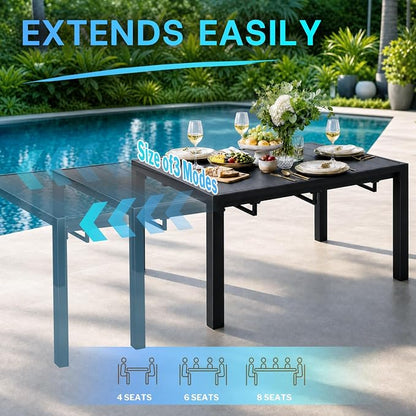 Bigget Extendable Outdoor Dining Set for 8, Expandable 8 Person Outdoor Dining Table Set with Highback Wide Deep Seat Armchairs 450LBS, Sturdy Powder-Coated 9 Piece Patio Dining Set for Backyard, Gray