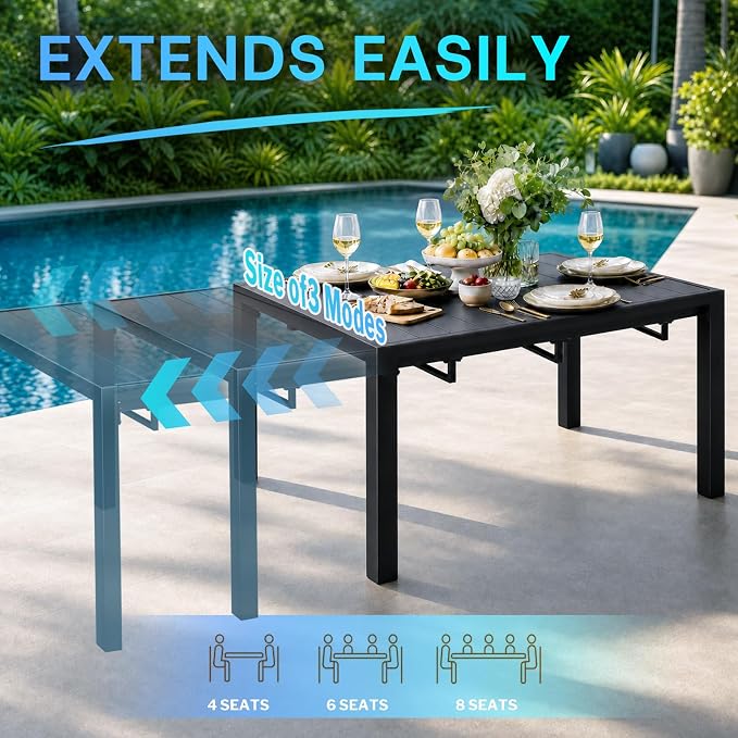 bigget Expandable 8 Person Outdoor Dining Table Set, 9 Piece Outdoor Dining Set with Comfy Highback Swivel Chairs 450LBS, All-Weather Heavy Duty Powder-Coated 8 Seats Dining Set for Outside, Grey