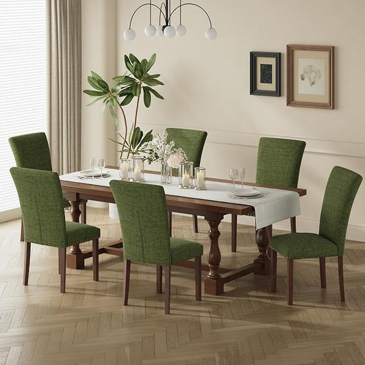 COLAMY Upholstered Parsons Dining Chairs Set of 6, Fabric Dining Room Kitchen Side Chair with Nailhead Trim and Wood Legs - Green
