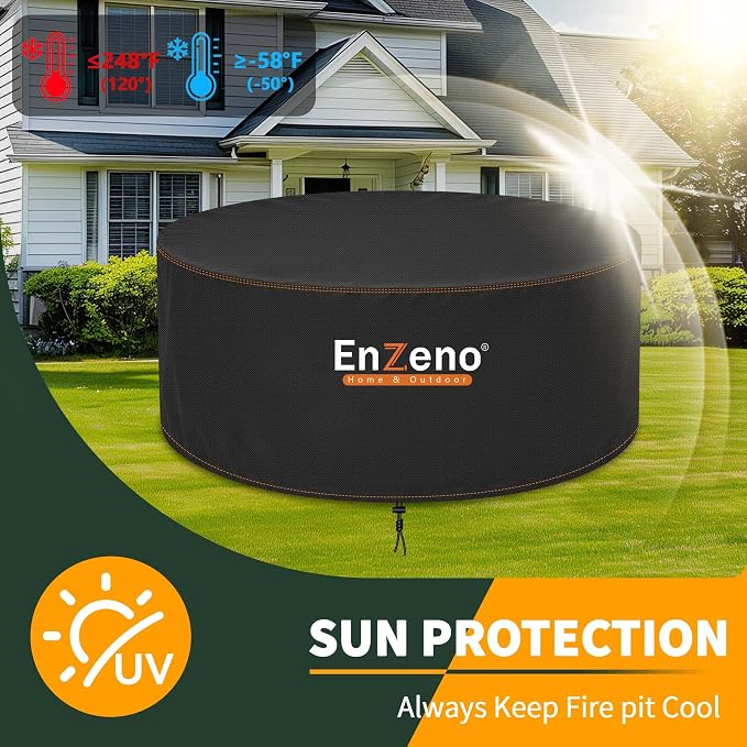 Enzeno Fire Pit Cover Round,49inch Outdoor Round Firepit Cover,Waterproof Oxford Cloth Patio Fire Table Cover for Outdoor Fire Pit,Fits 47-49 inch Gas Firepit/Bowl(49"Dia X 24"H)