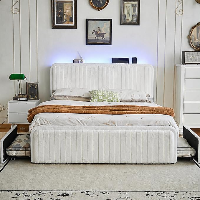 Queen Bed Frame with 2 Storage Drawers & Headboard, Upholstered Platform Bed Frame Queen Size with LED Lights & Charging Station, Metal Slats Support, No Box Spring Needed, Noise Free, Easy Assembly