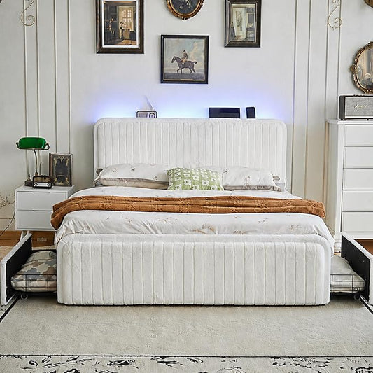 Queen Bed Frame with 2 Storage Drawers & Headboard, Upholstered Platform Bed Frame Queen Size with LED Lights & Charging Station, Metal Slats Support, No Box Spring Needed, Noise Free, Easy Assembly