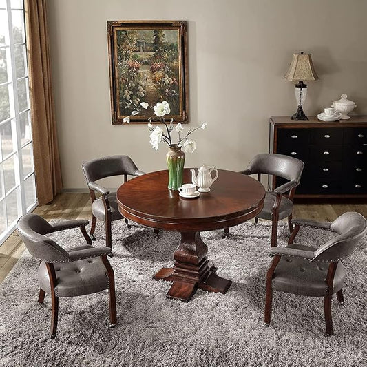 LEEMTORIG Set of 4 Dining Chairs with Casters and Arms, Rolling Dining Chairs with Wheels for Elderly, Ergonomic Wide Seat Wooden Office Chair, 26" Dx25.2 W, Cherry Legs&Dark Grey Fabric SY-1533-GY