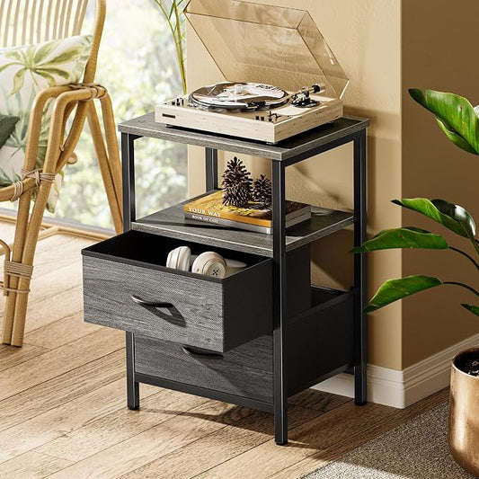 Huuger Night Stand Set of 2, Nightstand with 2 Drawers, Bed Side Table with Open Shelf, Wooden Top, End Table, Fabric Drawer, for Bedroom, Gery