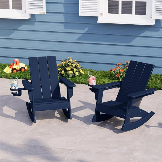 Costaelm Palms Kids Outdoor Preschool HDPE Plastic Modern Adirondack Rocking Chair (Set of 2), Navy Blue