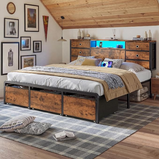 Homkdom King Size Bed Frame with 9 Fabric Drawers Storage, Charging Station & LED Lights, Metal Platform Bed Frame with Headboard,Noise-Free and Easy Assembly for Bedroom,Modern Brown