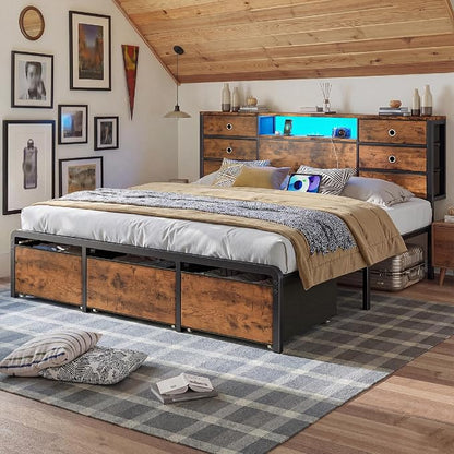 Homkdom King Size Bed Frame with 9 Fabric Drawers Storage, Charging Station & LED Lights, Metal Platform Bed Frame with Headboard,Noise-Free and Easy Assembly for Bedroom,Modern Brown