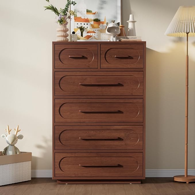 Walnut 6 Drawer Dresser for Bedroom, 44" Tall Dressers & Chest of Drawers with Solid Wood Handle, Wood Storage Dressers Organizer for Bedroom, Living Room