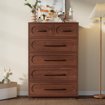Walnut 6 Drawer Dresser for Bedroom, 44" Tall Dressers & Chest of Drawers with Solid Wood Handle, Wood Storage Dressers Organizer for Bedroom, Living Room
