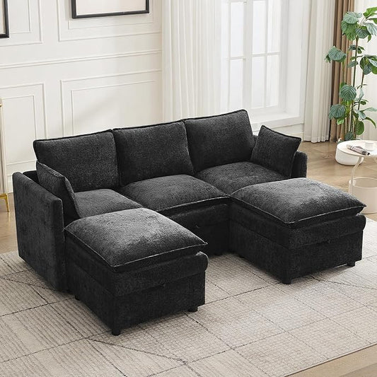 80" Cloud Modular 3 Seater Sofa with 2 Storage Ottoman, Modern Upholstered Storage Sofa Couch Deep Seat, U Shape Sectional Sofa Chenille Comfy Couch with Armrests for Living Room, Small Space, Black
