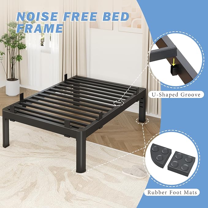 18 Inch Twin Bed Frames, Reinforced Heavy Duty Metal Bed Frame Twin Size, 4000LBS Rounded Corner & No-Slip Mattress Grip, Squeak-Free Platform Bed Frame with Headboard Holes Easy Assembly