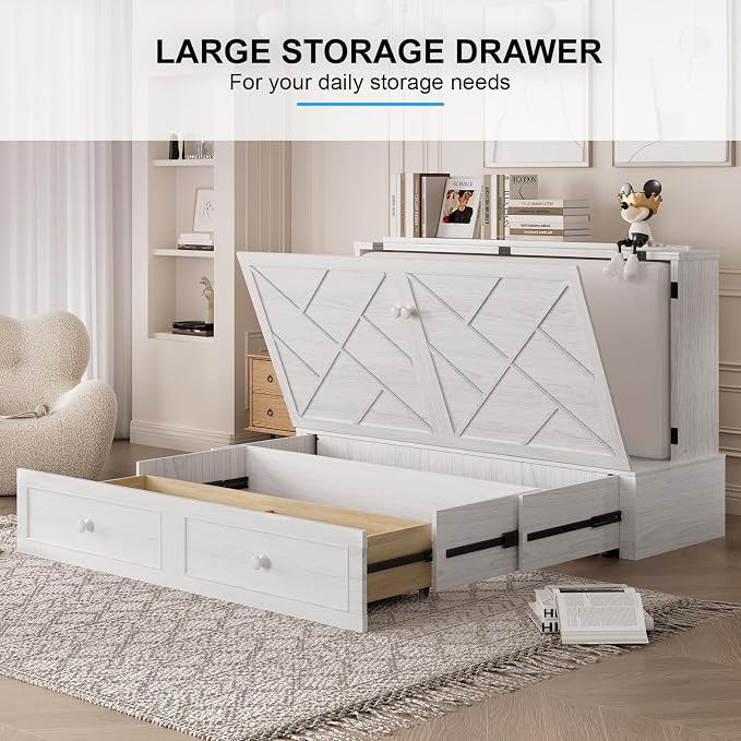 PUREMIND Queen Murphy Bed with Mattress Included, Murphy Cabinet Bed with Storage Drawer, Built-in Charging Station, Solid Wood Frame, Space-Saving Cabinet Beds for Small Spaces/Guest Room (White)