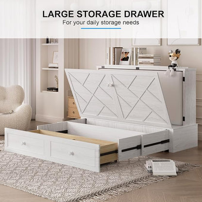 PUREMIND Queen Murphy Bed with Mattress Included, Murphy Cabinet Bed with Storage Drawer, Built-in Charging Station, Solid Wood Frame, Space-Saving Cabinet Beds for Small Spaces/Guest Room (White)