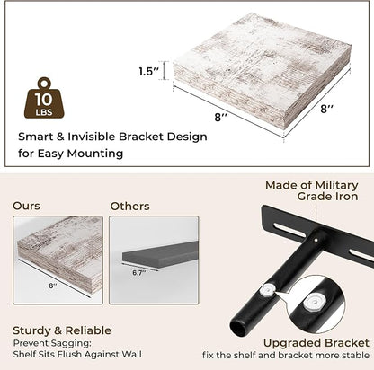 RICHFOCUS 8 Inch Floating Shelves for Wall Small Square Shelves Set for Plant|Bedroom|Kitchen|Bathroom Rustic Wood Wall Mounted Shelf with Invisible Brackets for Books|Storage|Decor, Rustic White