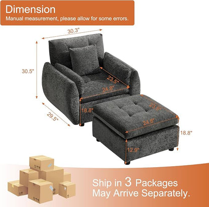 30" Modular Cloud Accent Chair with Ottoman, Deep Seat Tufted Chenille Sofa Chair with Curved Arms, Upholstered Reading Chairs for Living Room, Bedroom, Dark Grey